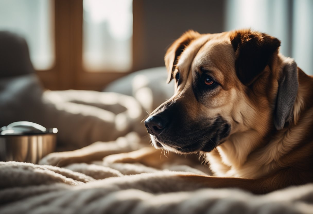 An aging dog lies panting on a cozy bed, surrounded by comforting items like a soft blanket, water bowl, and gentle lighting