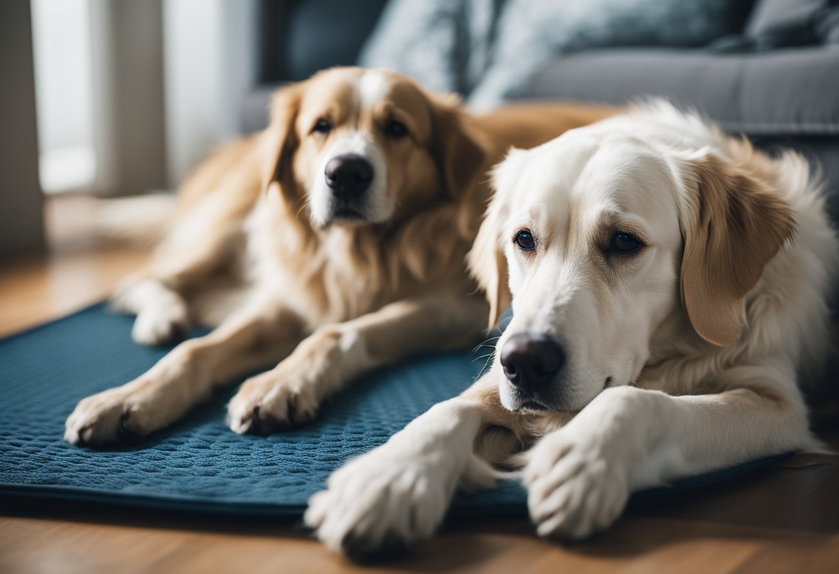 An older dog lies on a cooling mat, surrounded by a gentle breeze from a fan. A bowl of fresh water sits nearby, and the room is dimly lit to promote relaxation