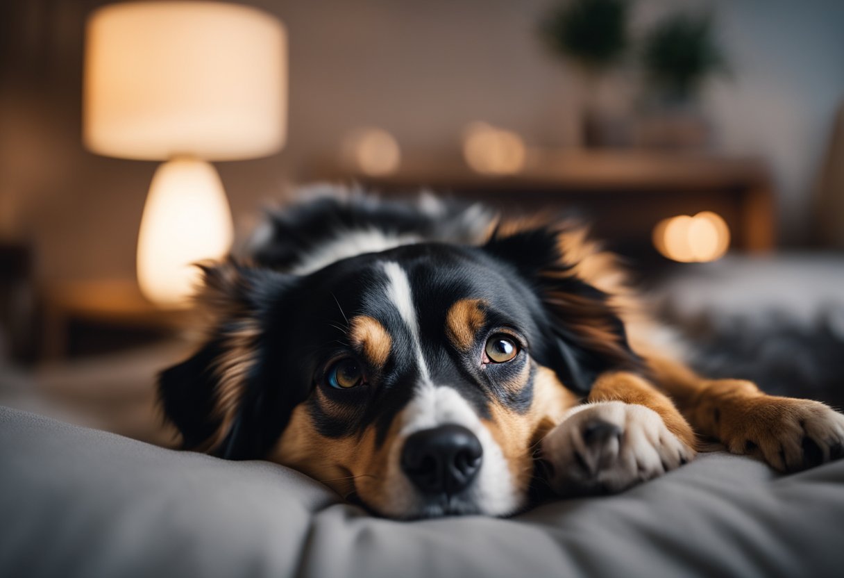 A senior dog lays on a cozy bed, panting lightly. A dim night light provides a soft glow, while a comforting hand reaches out to soothe the anxious pup