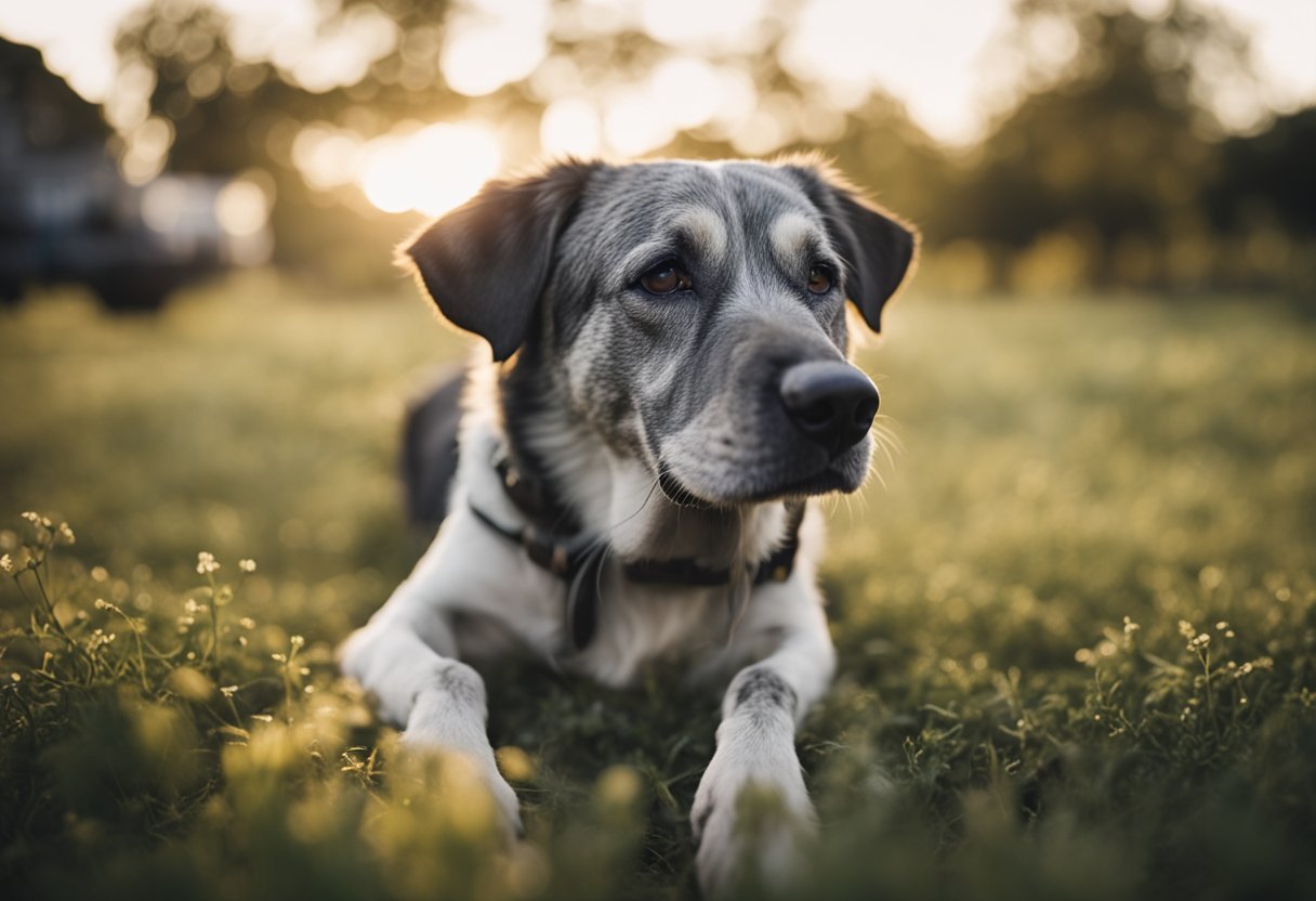 An old dog pants heavily, tongue lolling, eyes drooping, and body trembling, showing signs of fatigue and potential health issues