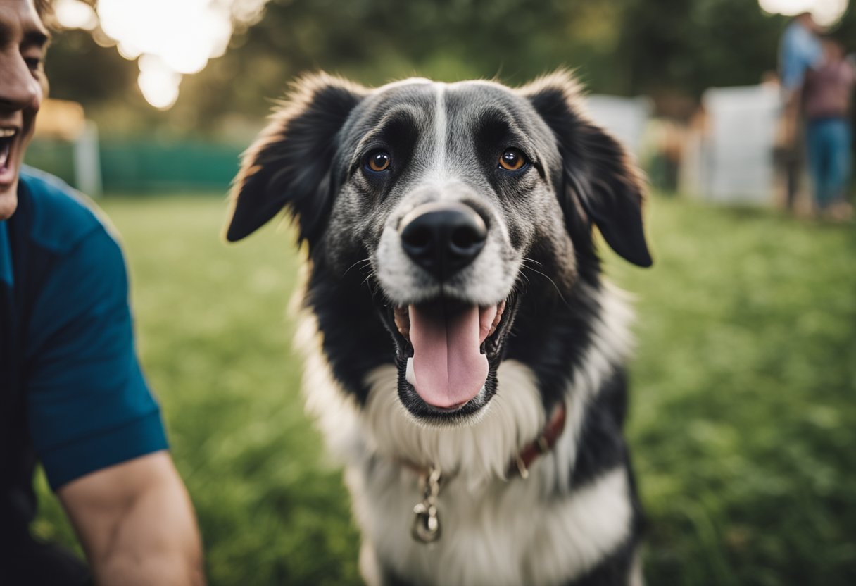 An old dog with open mouth, tongue out, and heavy panting, while owner offers water and fans the dog gently