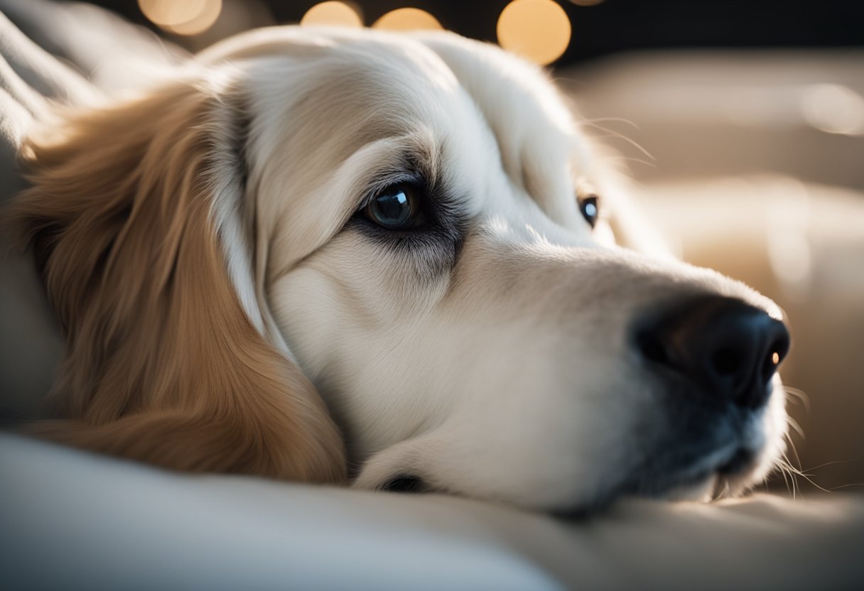 A senior dog lies on a cozy bed, panting and restless. A gentle hand offers comfort, soothing the anxious pup in the dark night