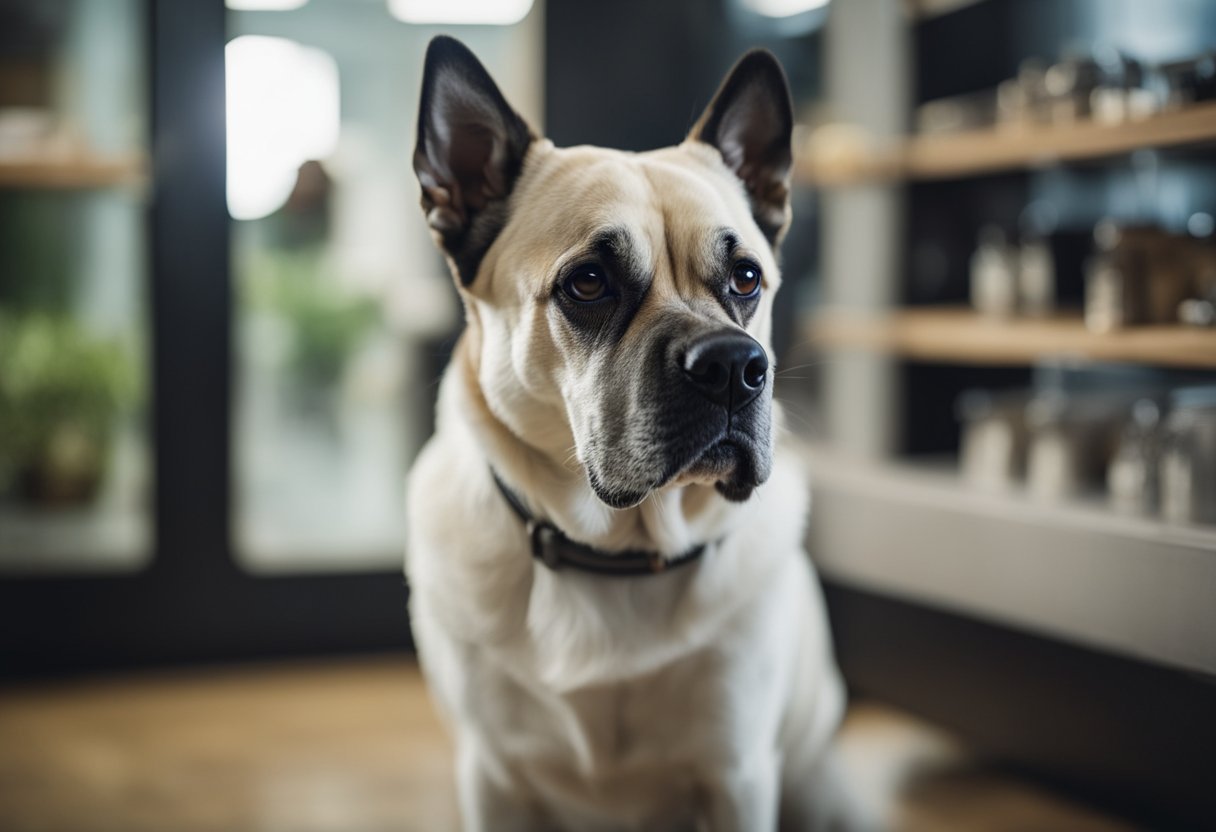 An old dog pants heavily, showing signs of health issues. A concerned owner looks on, contemplating when to consult a veterinarian