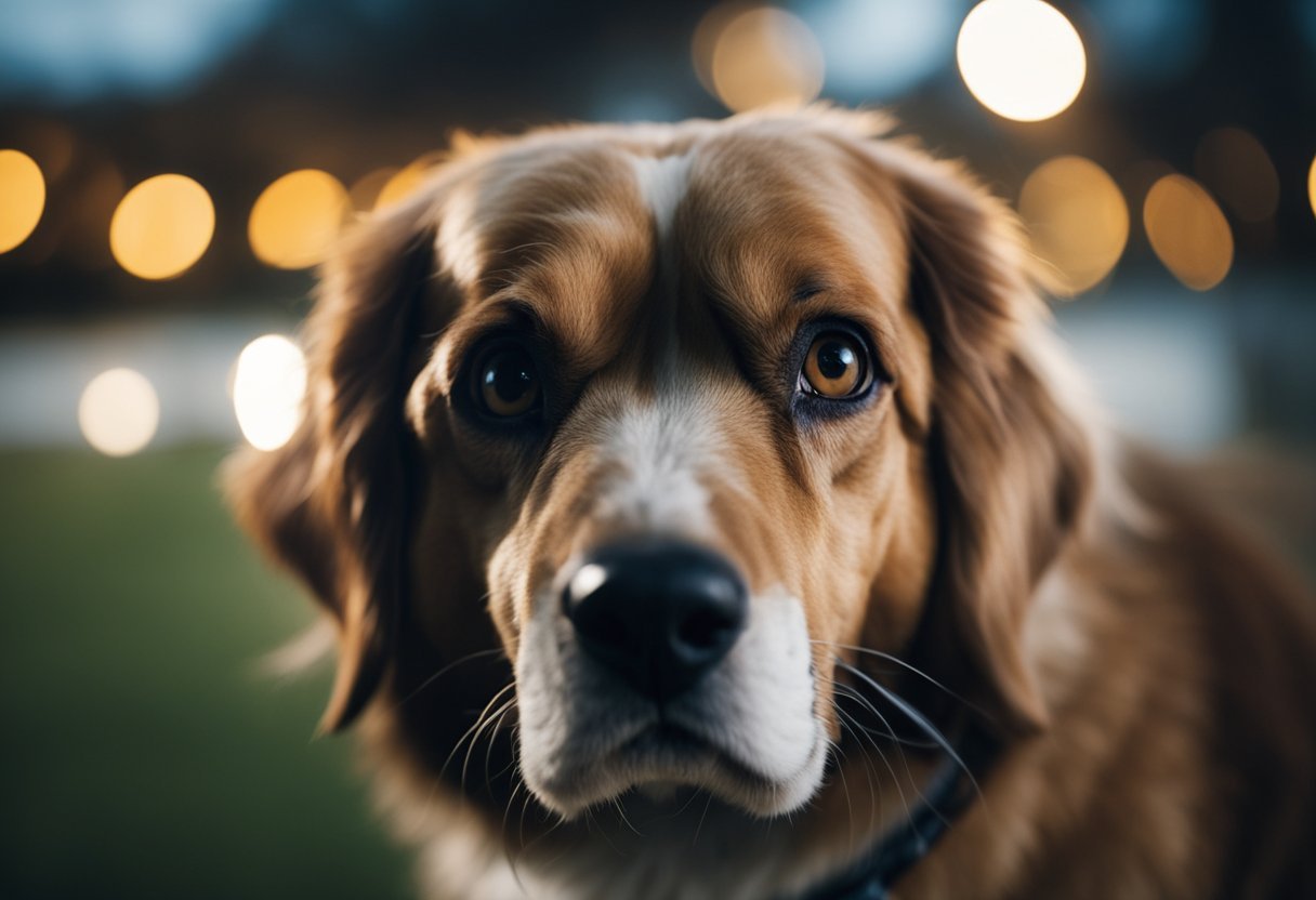 A senior dog pants anxiously in the dark, showing signs of old age health issues