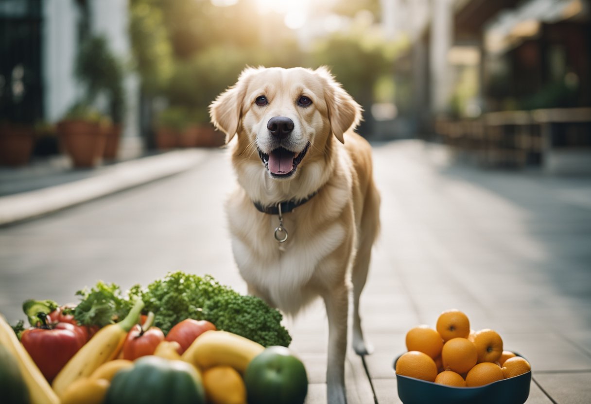 An older dog pants heavily while walking, surrounded by healthy food and exercise equipment