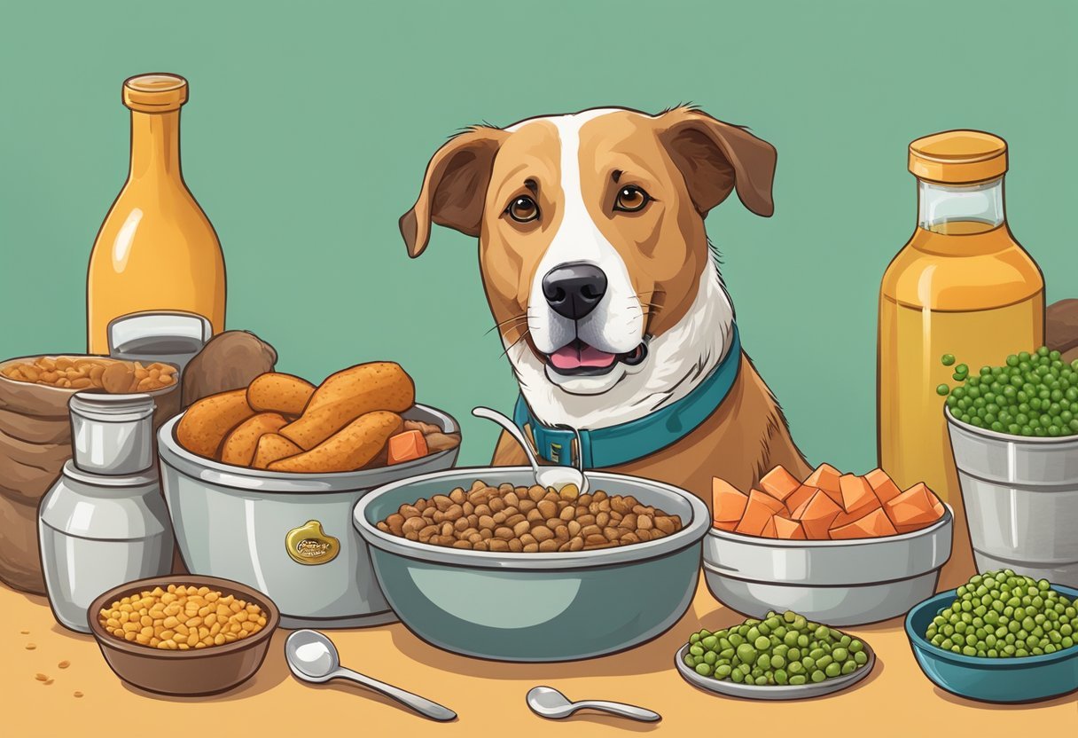 A senior dog happily eating from a bowl of grain-free dog food, surrounded by ingredients like chicken, sweet potatoes, and peas