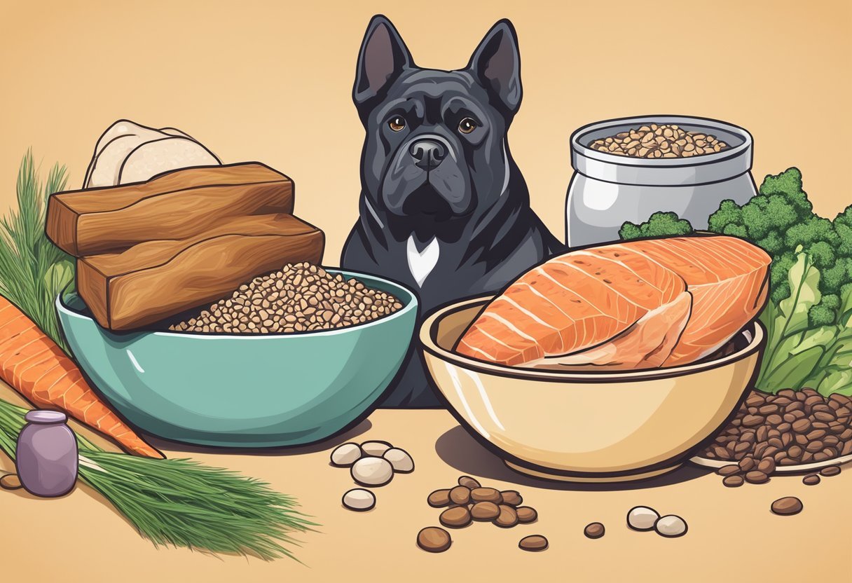 A bowl filled with top grain-free protein sources: salmon, turkey, and chicken. A bag of grain-free senior dog food options sits nearby