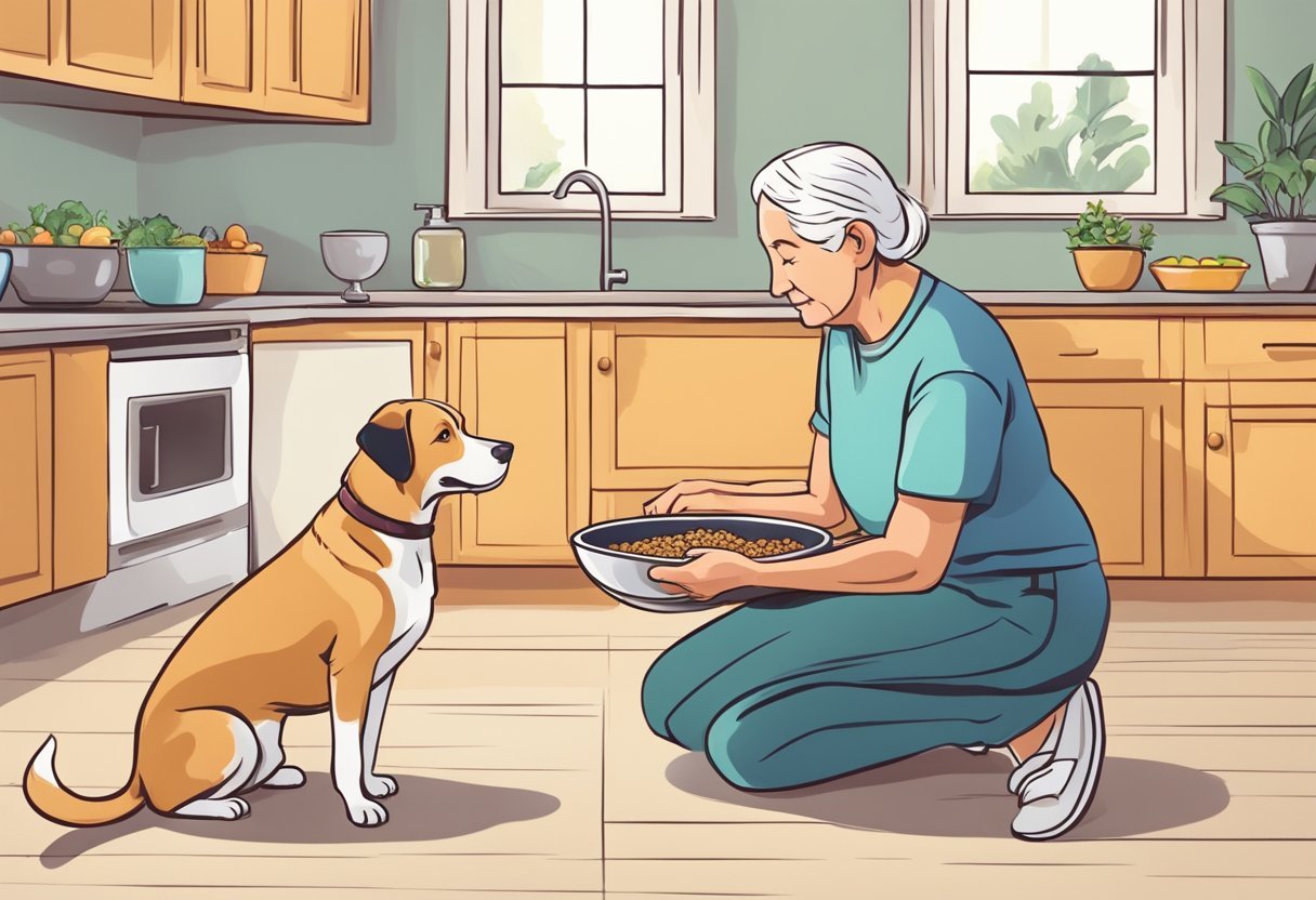 A senior dog eats grain-free food from a raised bowl, with a calm and content expression. Nearby, a caregiver prepares the next meal