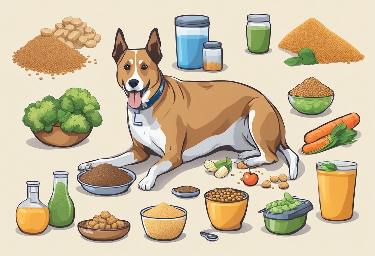 A senior dog eating grain-free food, surrounded by common health issue icons like arthritis, obesity, and dental problems