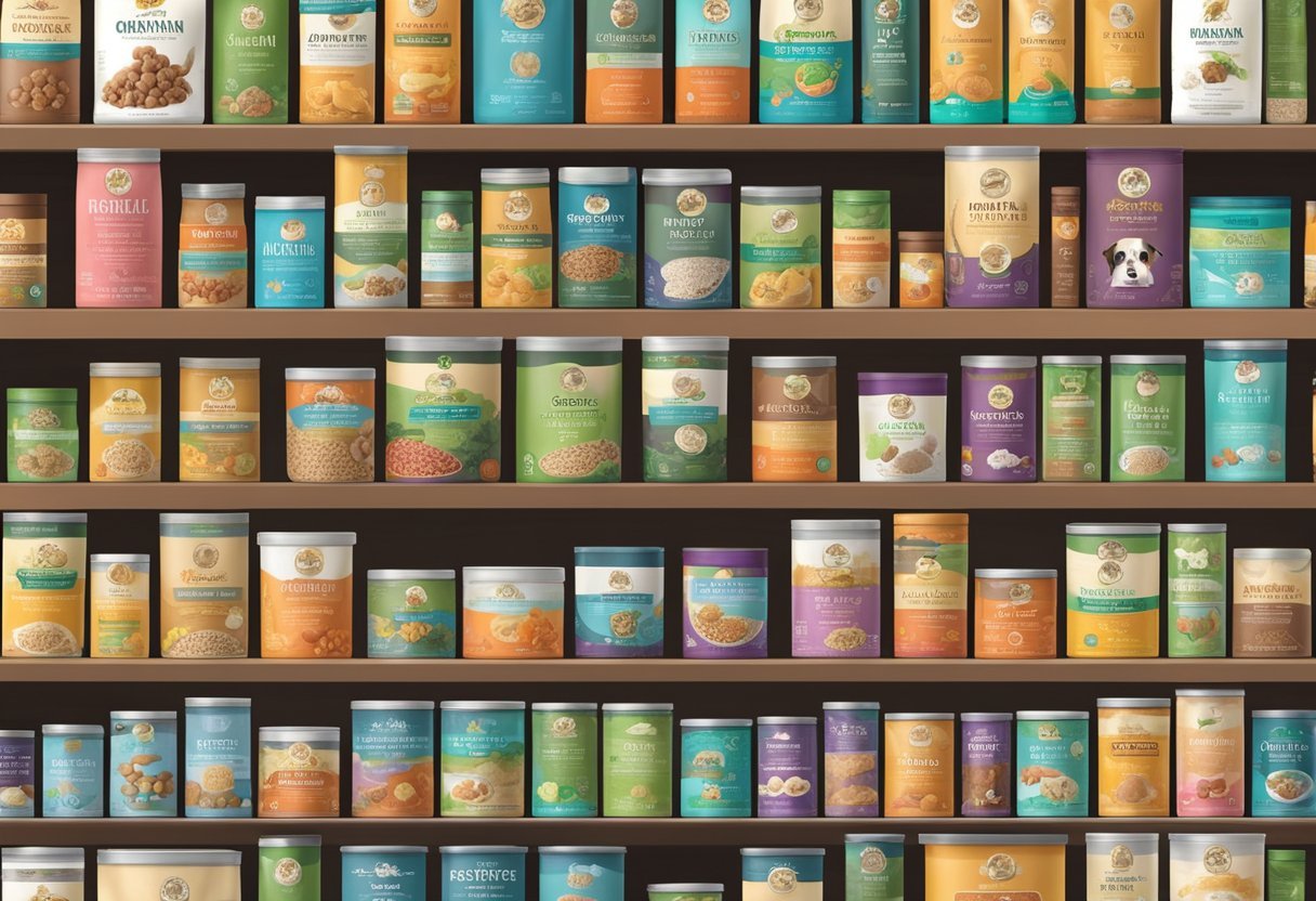 A colorful array of grain-free dog food formulations, including options specifically designed for senior dogs, displayed on a shelf