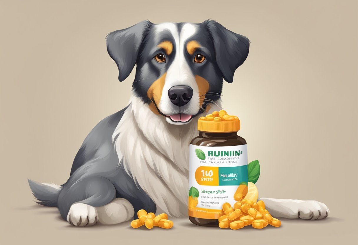 A senior dog happily taking a multivitamin, with a shiny coat and healthy skin