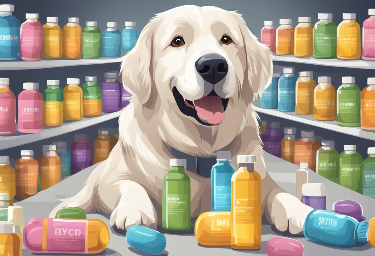 A happy senior dog with a shiny coat and healthy skin, surrounded by bottles of canine multivitamins