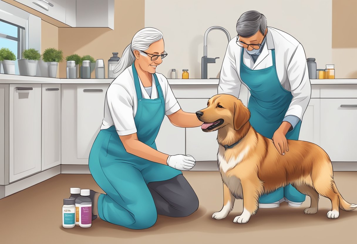 A veterinarian administers canine senior multivitamins to a dog, focusing on coat and skin health