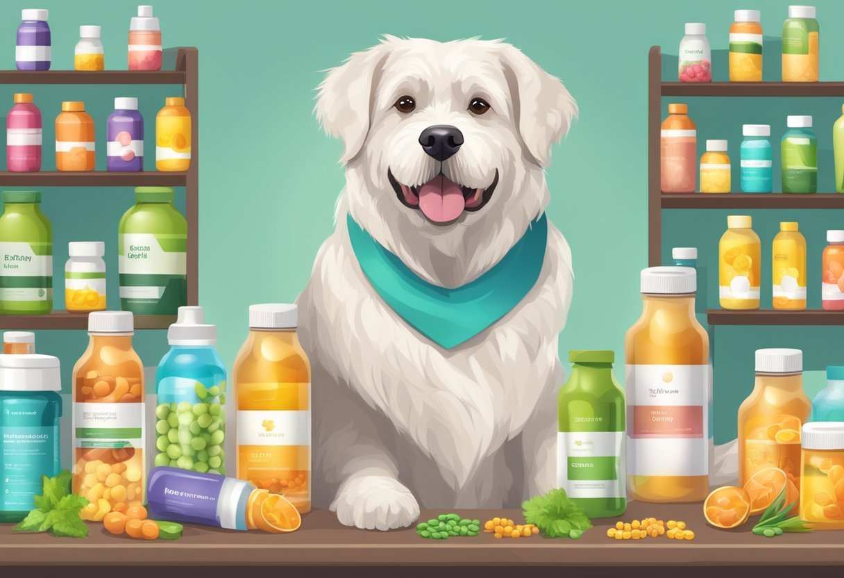 A happy senior dog with shiny coat and healthy skin, surrounded by multivitamin bottles and a purchasing guide