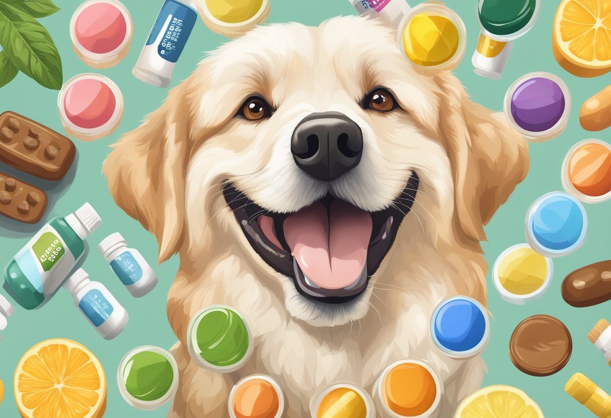 A happy senior dog with shiny coat and healthy skin, surrounded by various multivitamin supplements for canines