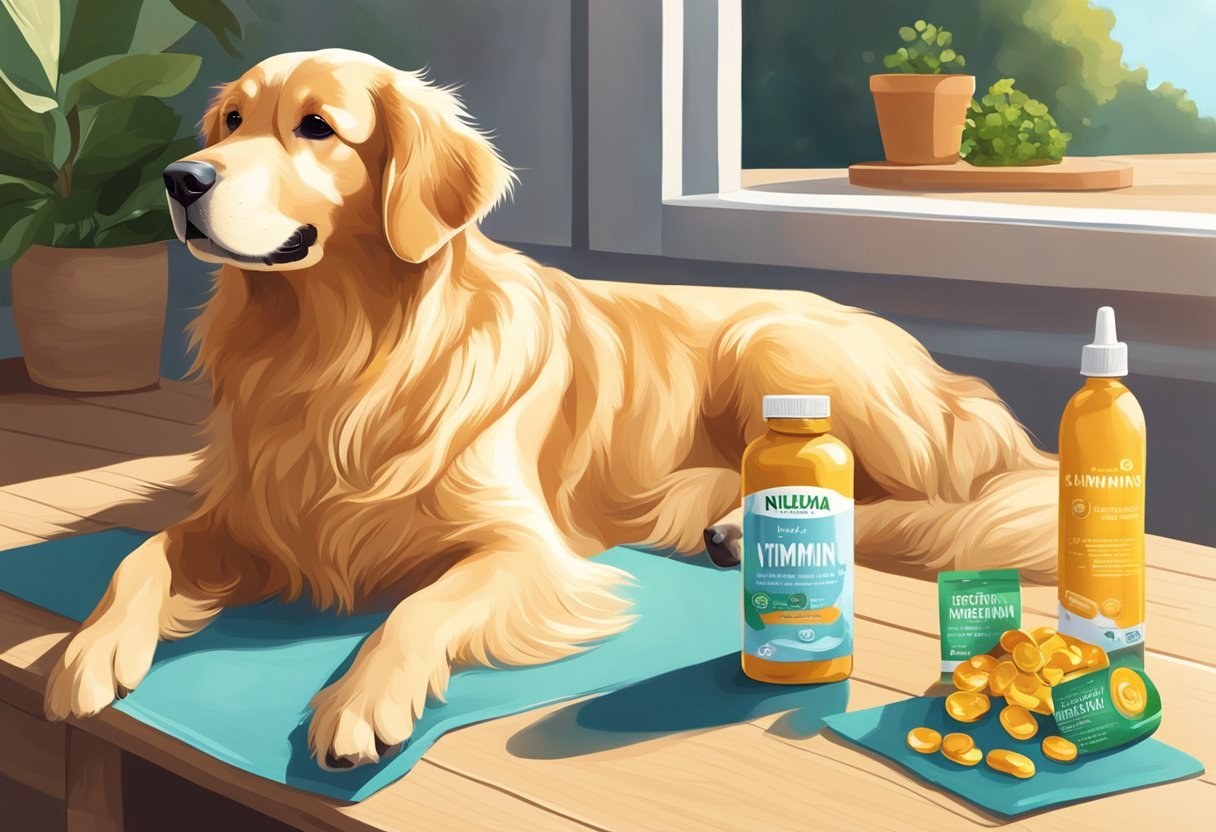 A golden retriever lounges in the sun, its shiny coat glistening. Nearby, a bottle of immune support vitamins for aging dogs sits on the table