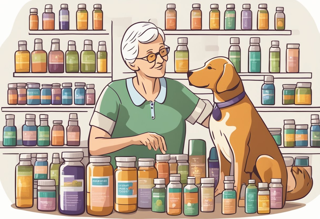 An elderly dog surrounded by bottles of immune support vitamins, with a loving owner administering the supplements