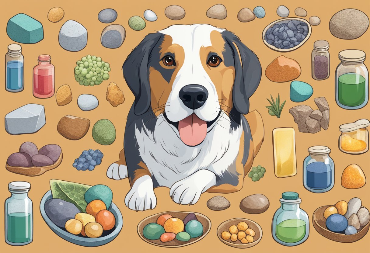 A dog surrounded by various minerals and vitamins, with a focus on immune support supplements for aging canines