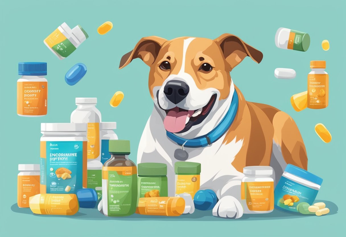 A dog surrounded by bottles of joint and mobility supplements and immune support vitamins, with a happy expression on its face