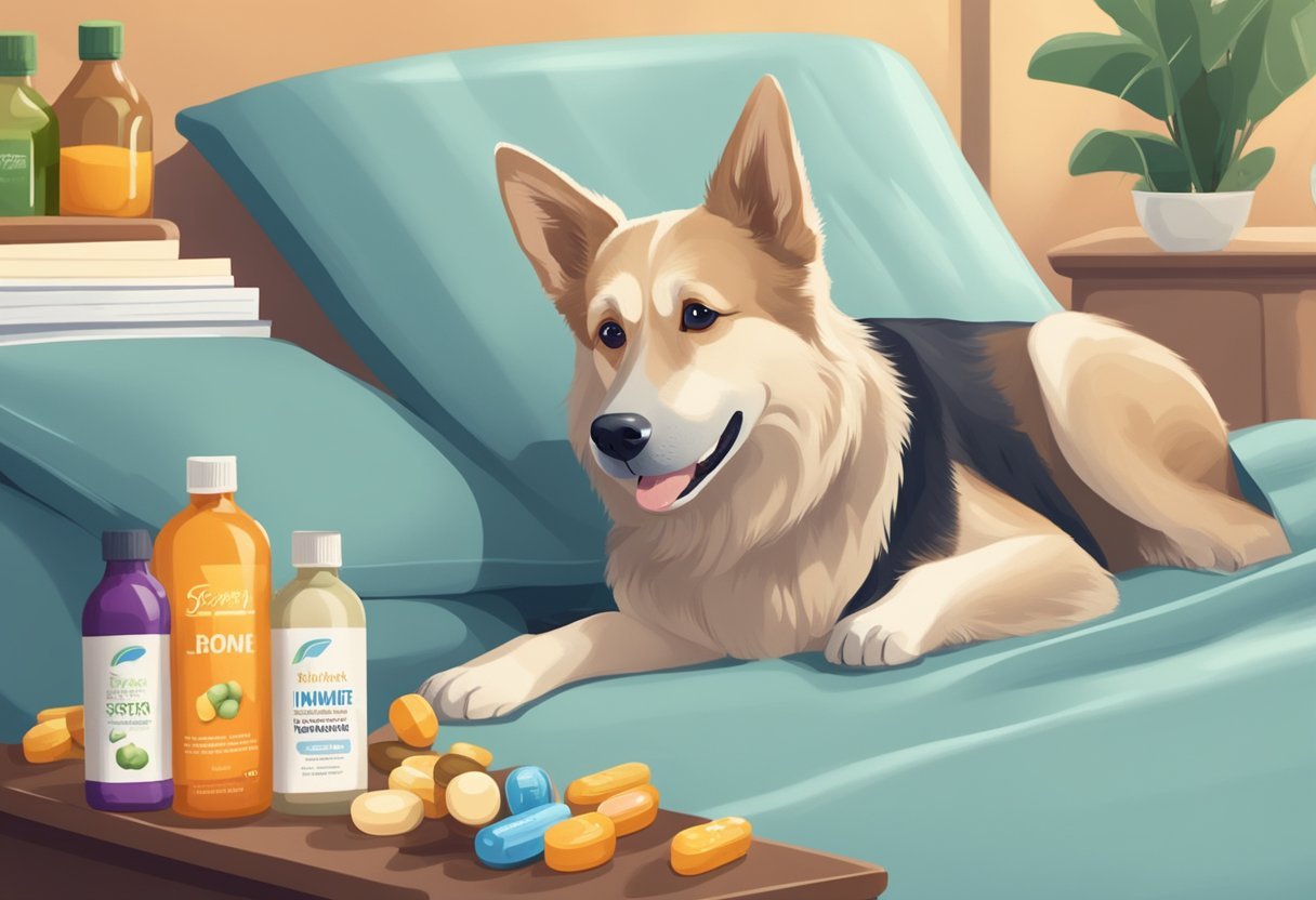 An elderly dog lying on a cozy bed, surrounded by bottles of immune support vitamins. The dog looks content and relaxed, with a gentle smile on its face