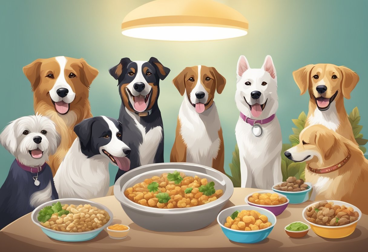 A group of senior dogs happily eating probiotic-infused food from their bowls, with healthy digestive systems shown through their content and relaxed expressions