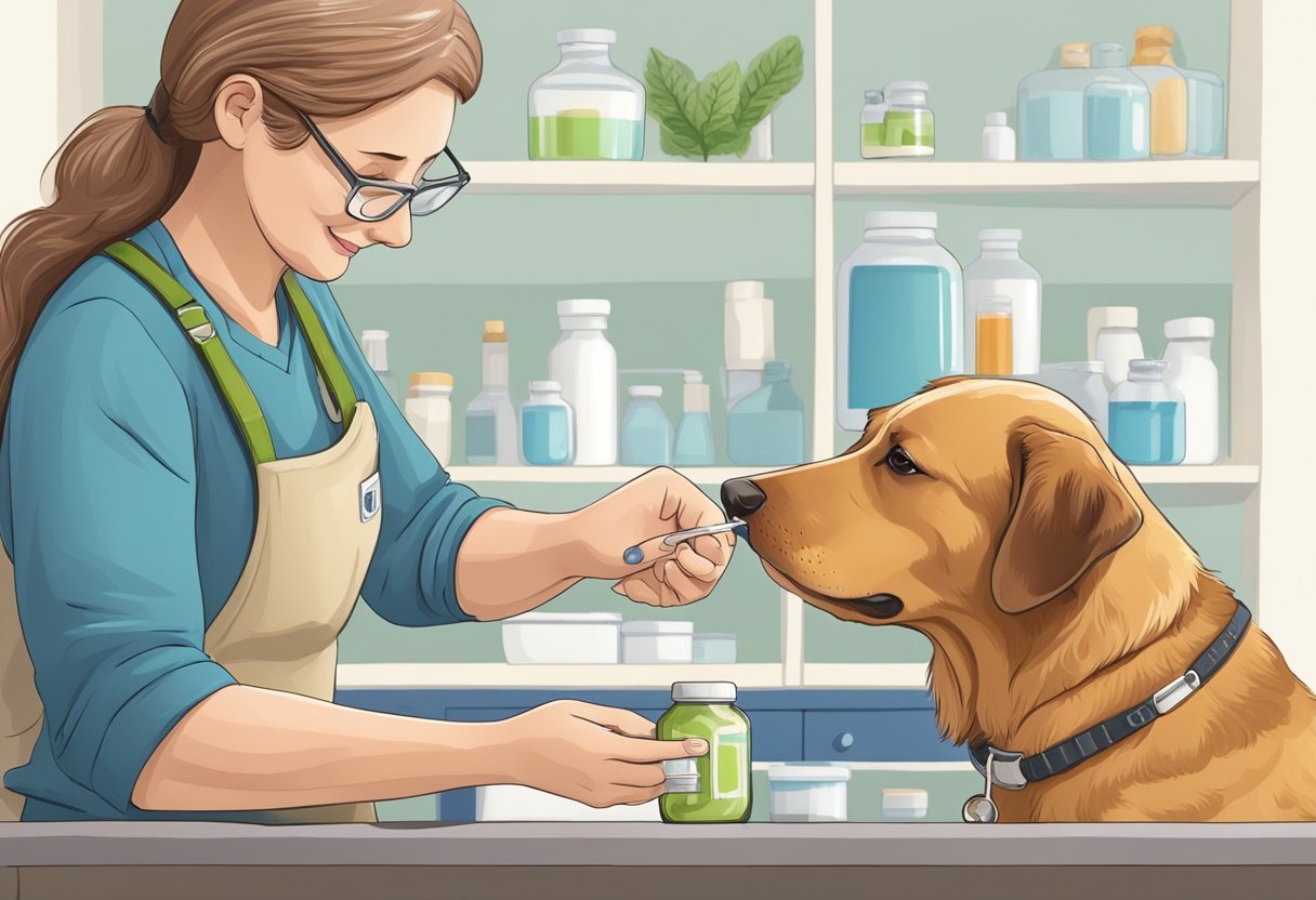 A senior dog is being given probiotics by a caregiver, who carefully measures and administers the correct dosage. The dog eagerly consumes the probiotics, with a noticeable improvement in its digestive health