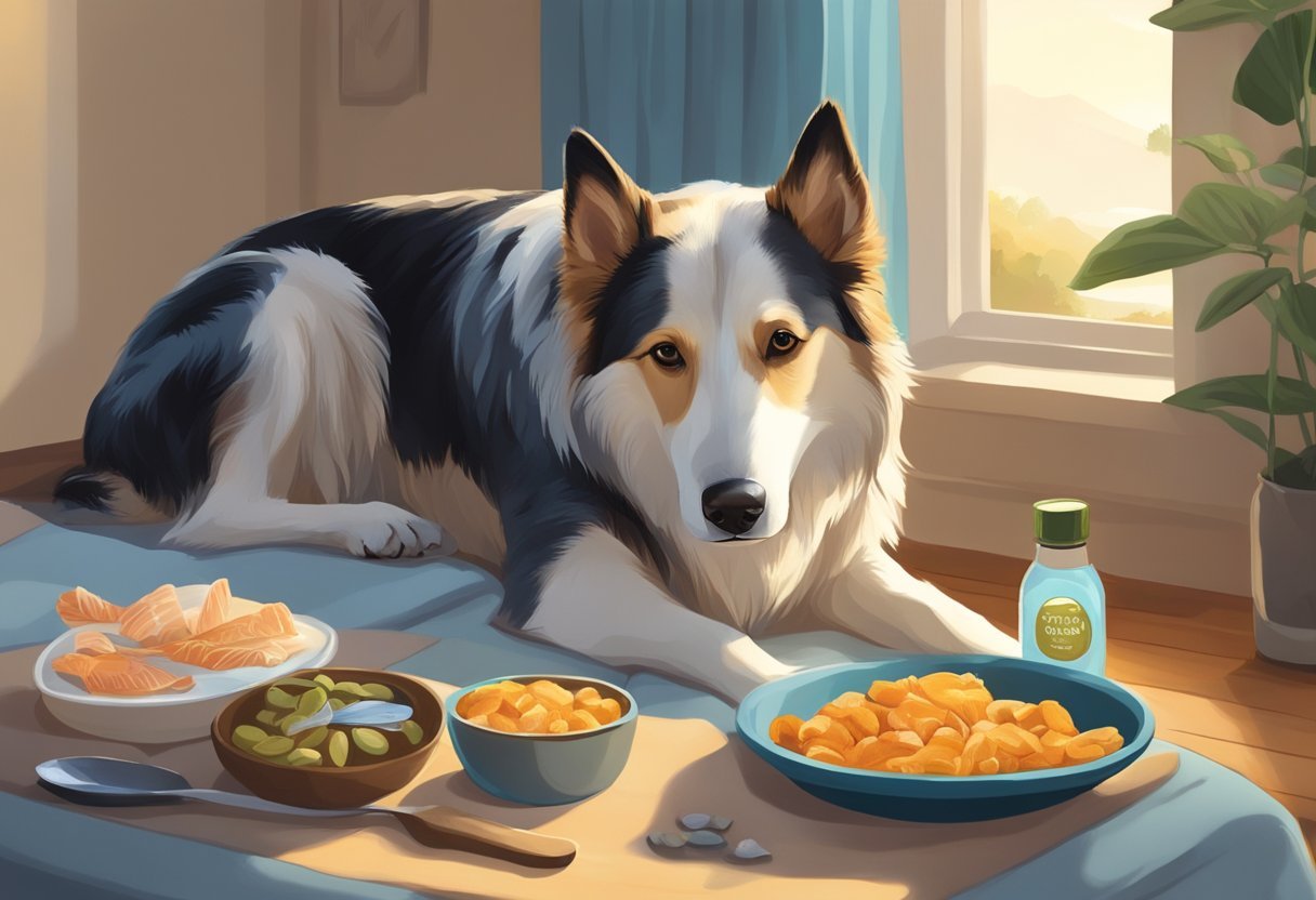 An older dog eating omega-3 rich food from a bowl, with a bottle of fish oil nearby. A serene and peaceful setting with a cozy bed in the background