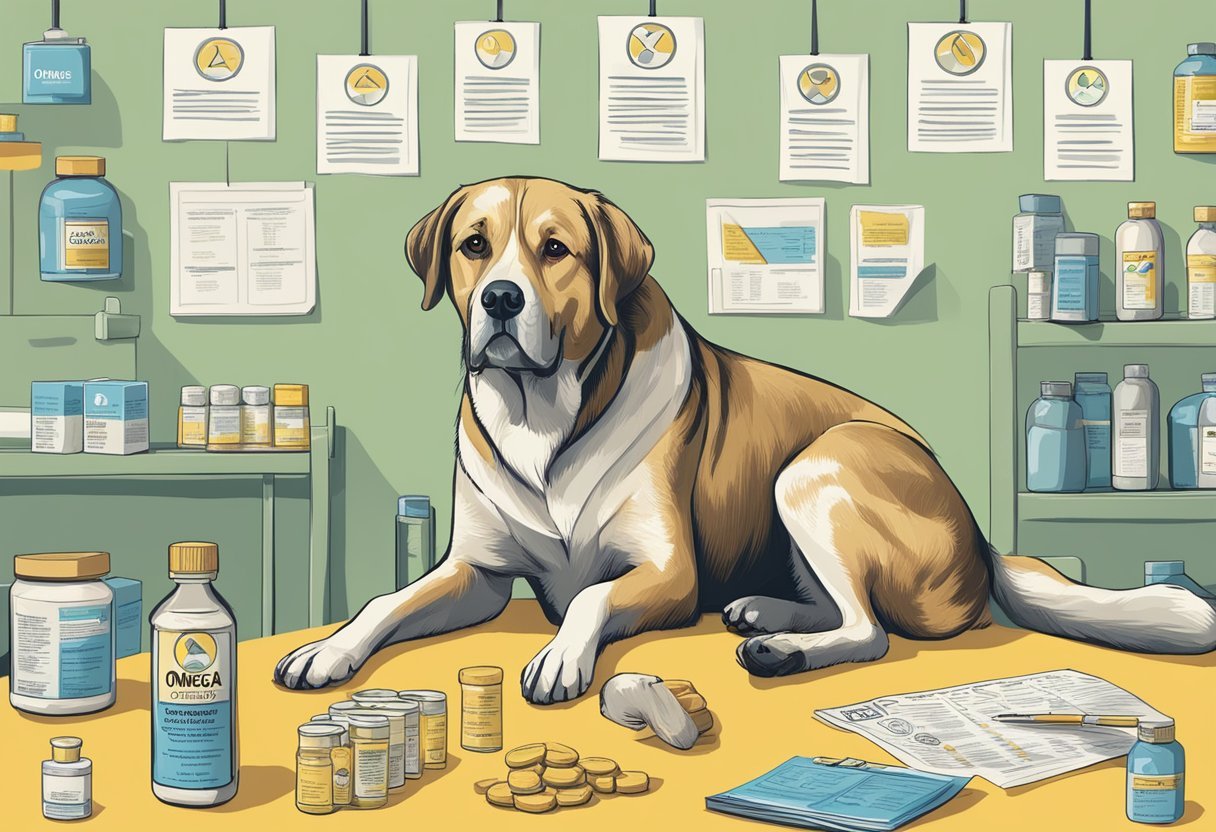 An older dog with a bottle of omega-3 supplements nearby, surrounded by caution signs and a list of potential risks and considerations