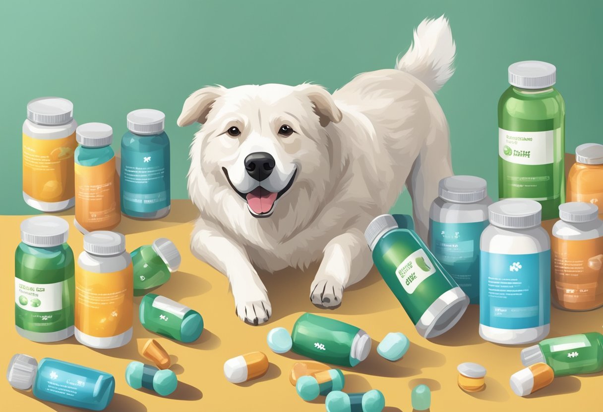 A senior dog with a shiny coat and wagging tail, running and playing without any signs of joint discomfort, surrounded by bottles of hip and joint supplements