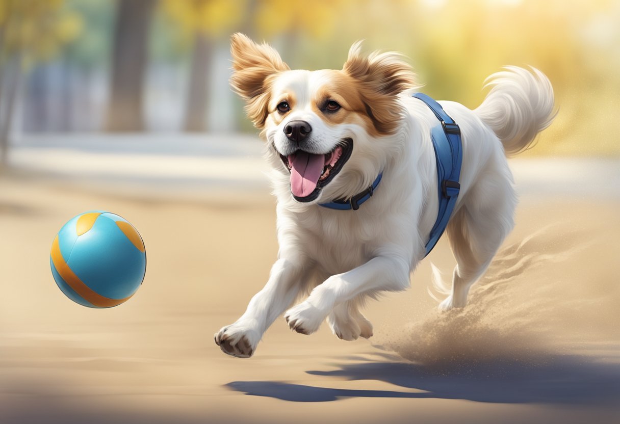 A senior dog happily running and playing with a ball, showing improved mobility and flexibility after taking hip and joint health supplements