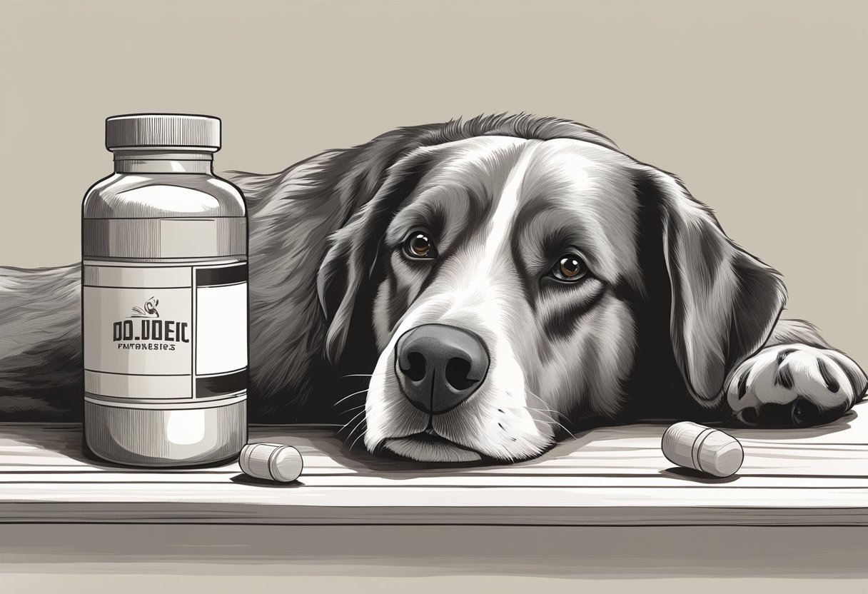 A senior dog lying down, with a bottle of hip and joint supplements nearby. A concerned expression on the dog's face, and a gentle hand reaching out to offer the supplements