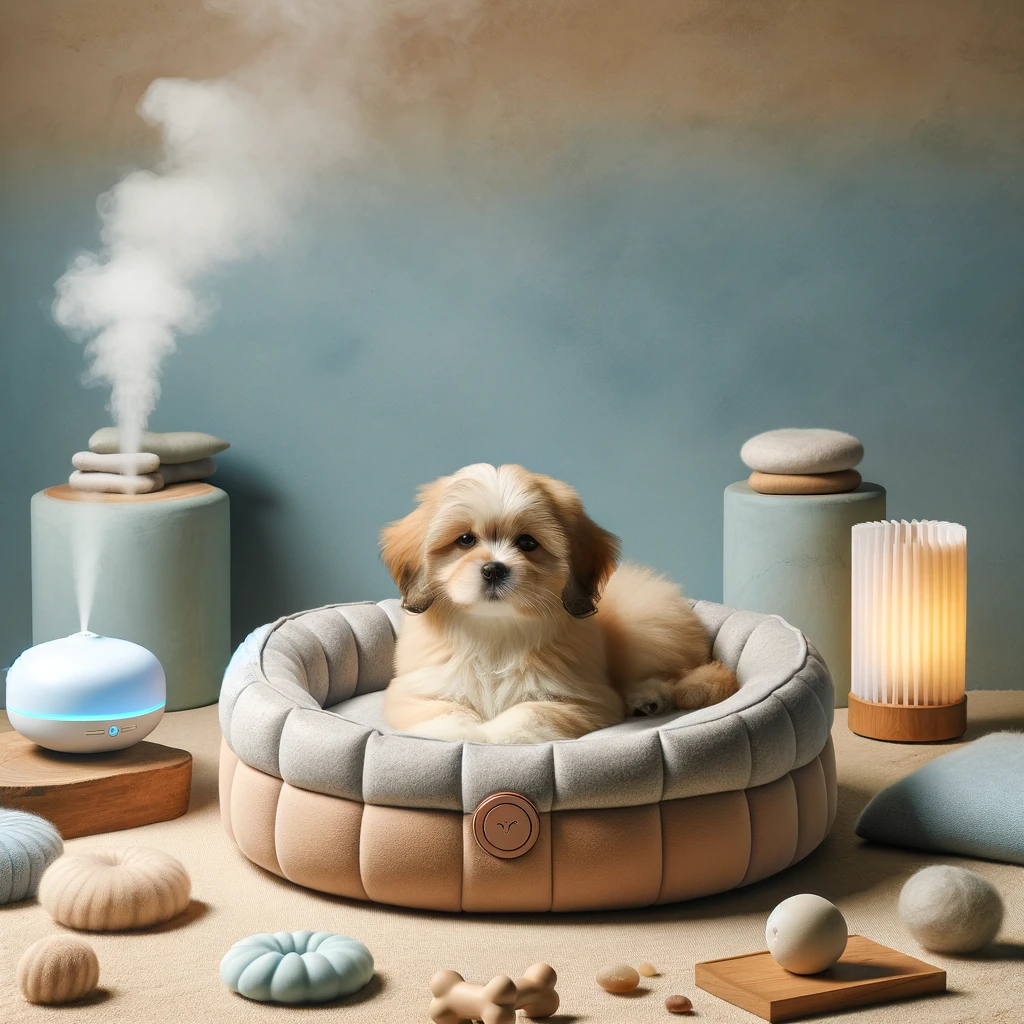 cozy and calming product for dogs, featuring a soft, plush bed with raised edges for security