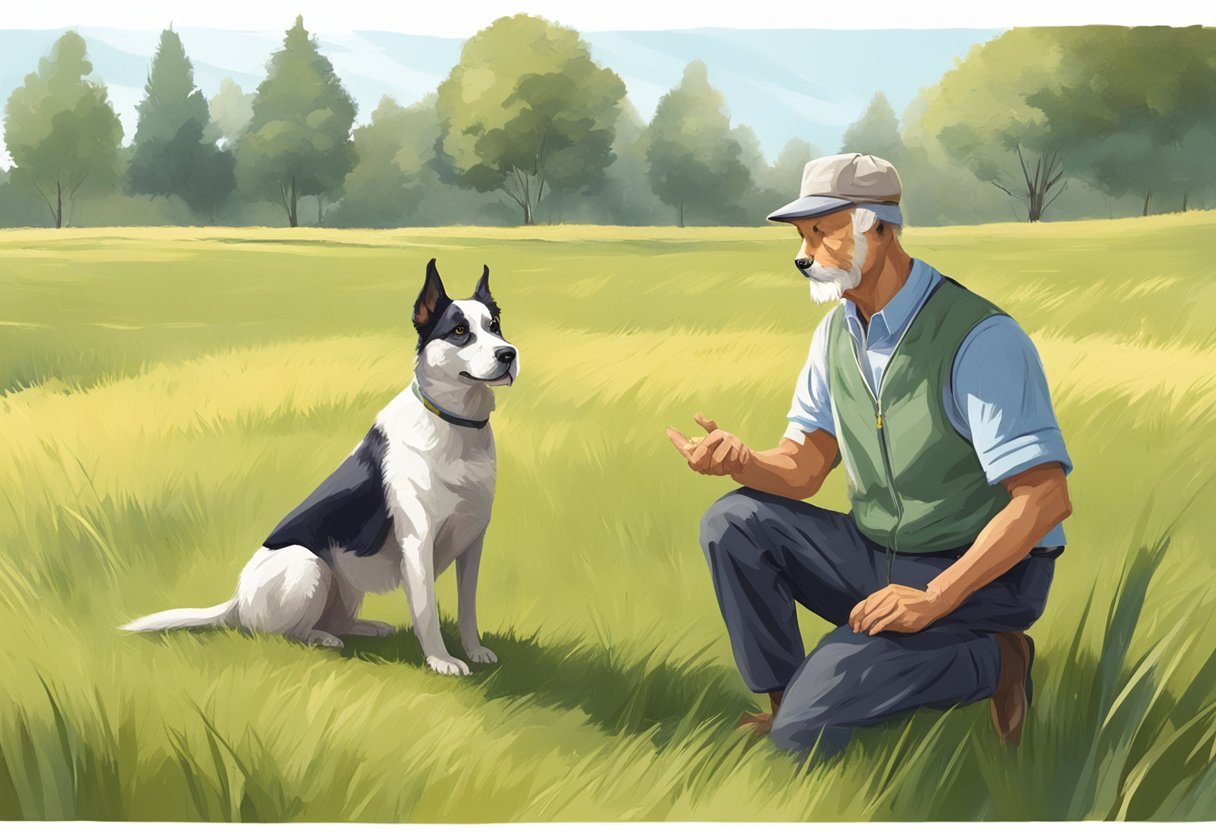 An old dog sits attentively, ears perked, as a trainer gives commands in a grassy field