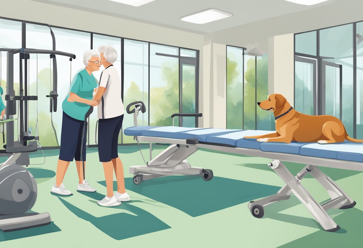 An elderly dog being gently guided through physical therapy exercises by a caring trainer in a spacious, well-lit room