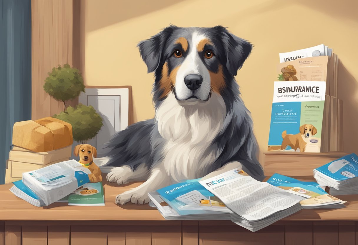 A senior dog with a wagging tail sits beside a stack of pet insurance brochures. A comforting and secure environment surrounds the dog, with a cozy bed and toys nearby. Comprehensive Guide to Pet Insurance for Senior Dogs in Australia