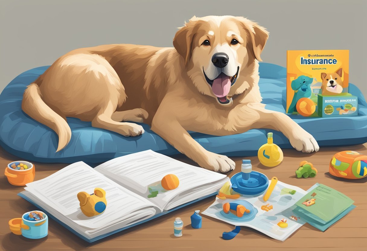 A senior dog lying comfortably on a cushioned bed, surrounded by their favorite toys and a bowl of fresh water, while a pet insurance brochure sits nearby for reference