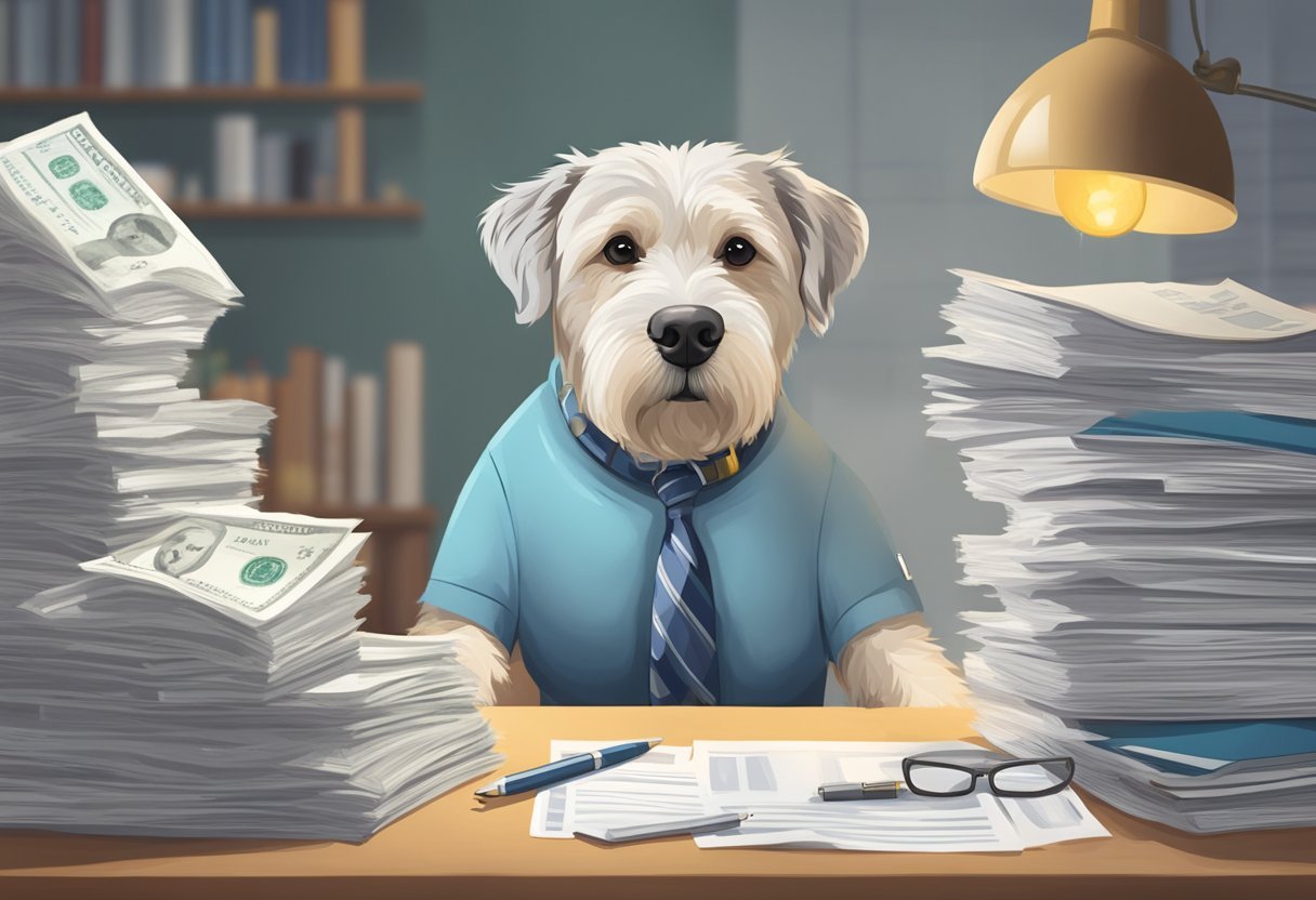 A senior dog with a gray muzzle sits next to a pile of veterinary bills, while a pet insurance policy hovers protectively above, symbolizing the importance of coverage for aging pets