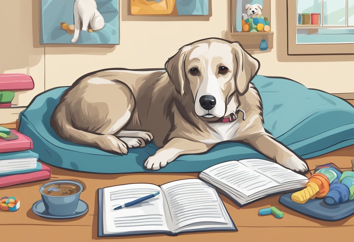 A senior dog rests comfortably on a cozy bed, surrounded by toys and a water bowl. A pamphlet on pet insurance lies nearby, emphasizing the importance of coverage for older pets