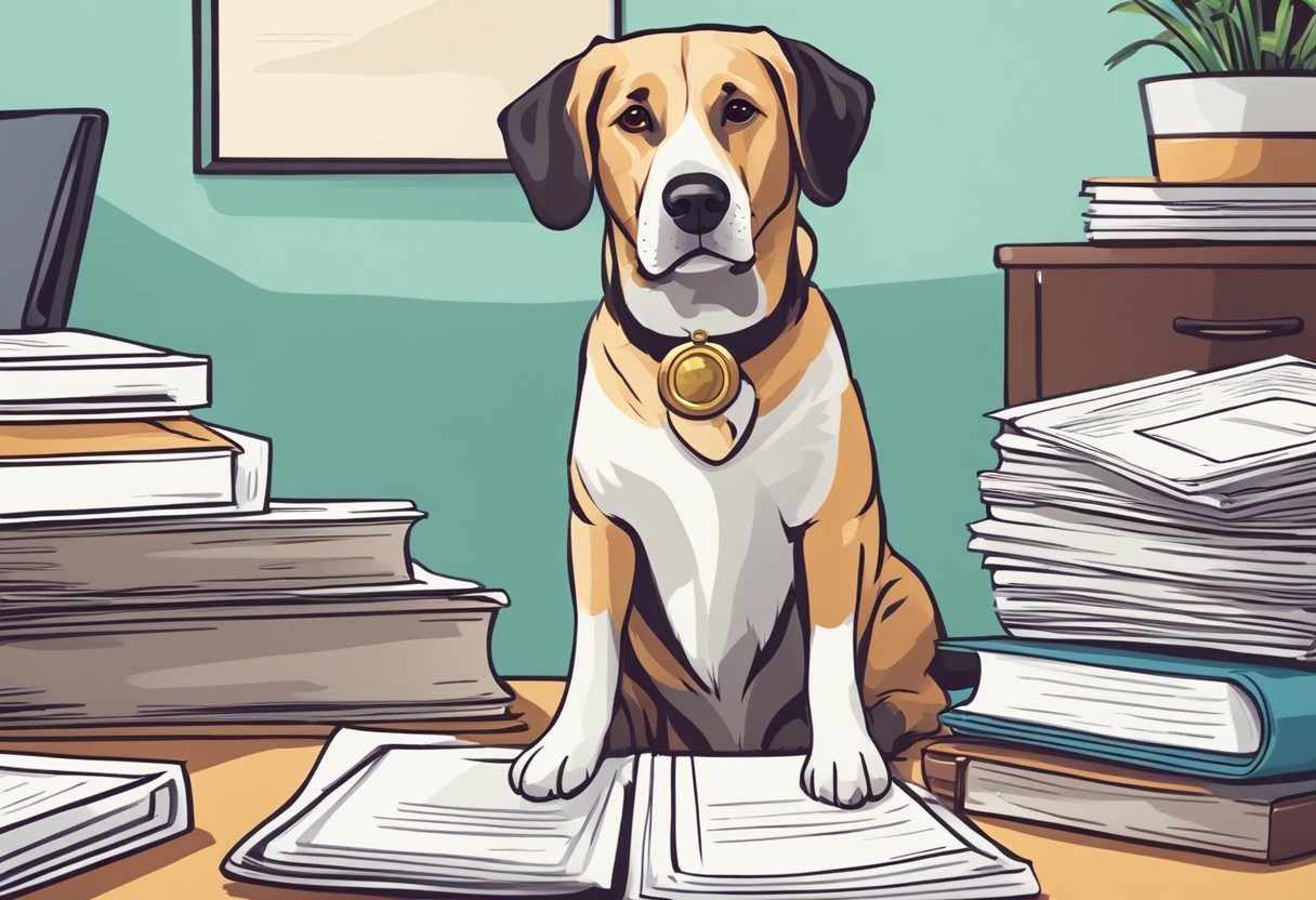 A senior dog with a wagging tail sits next to a stack of pet insurance documents, a comforting and secure environment depicted around them