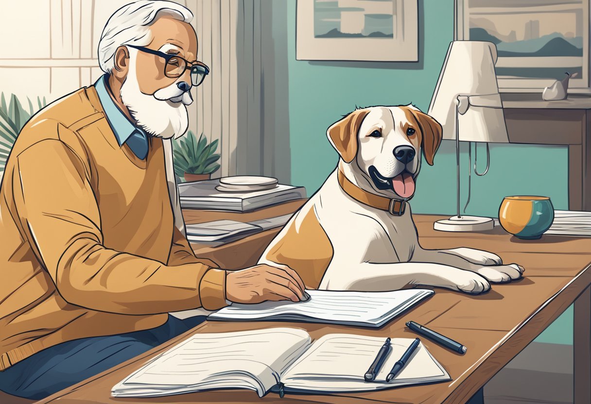 A senior dog sits contentedly beside its owner, while a comprehensive guide to pet insurance for senior dogs is spread out on the table