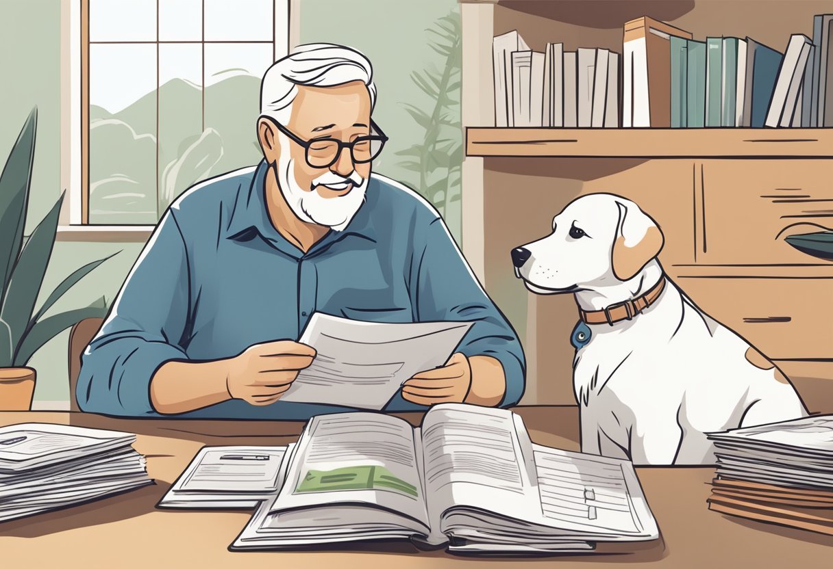 A senior dog sits contentedly next to a stack of informative pet insurance materials, while a caring owner looks on with a smile