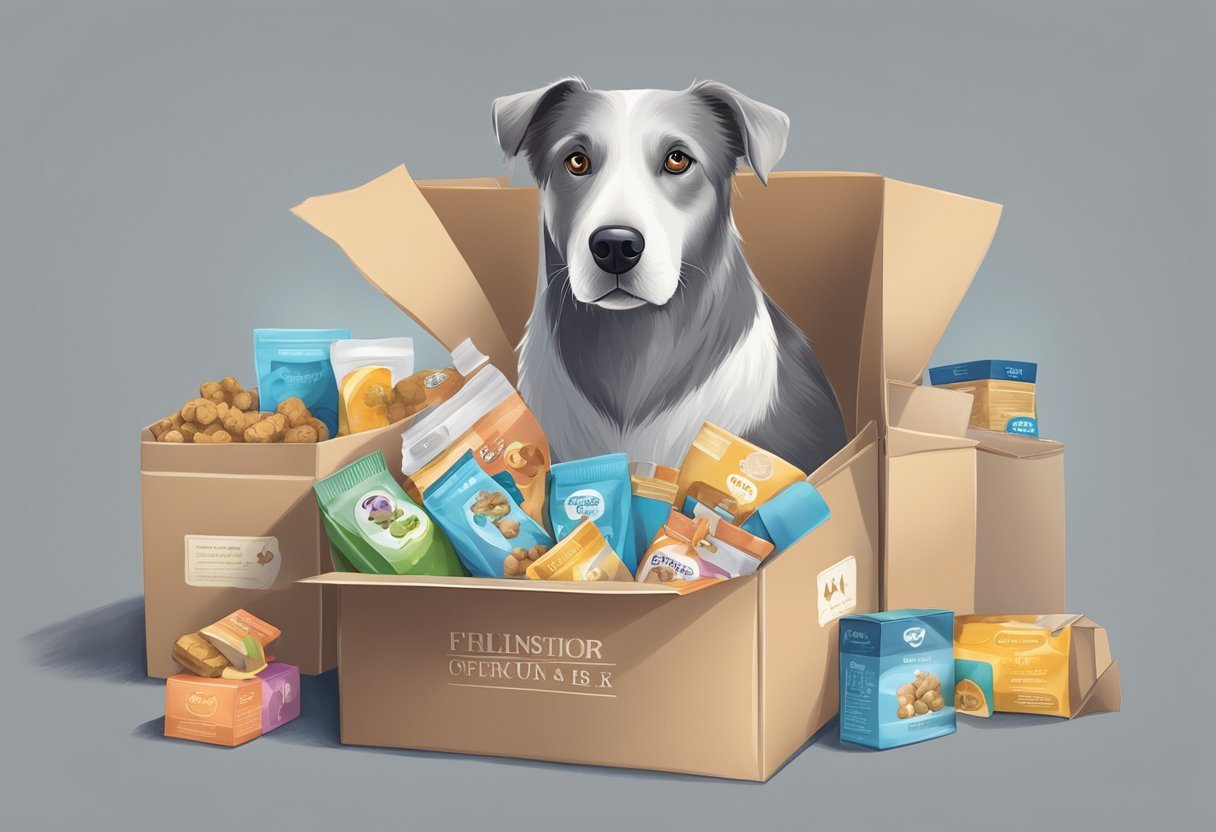 A senior dog eagerly opens a subscription box filled with treats, toys, and health supplements. Gray muzzle and relaxed posture indicate age