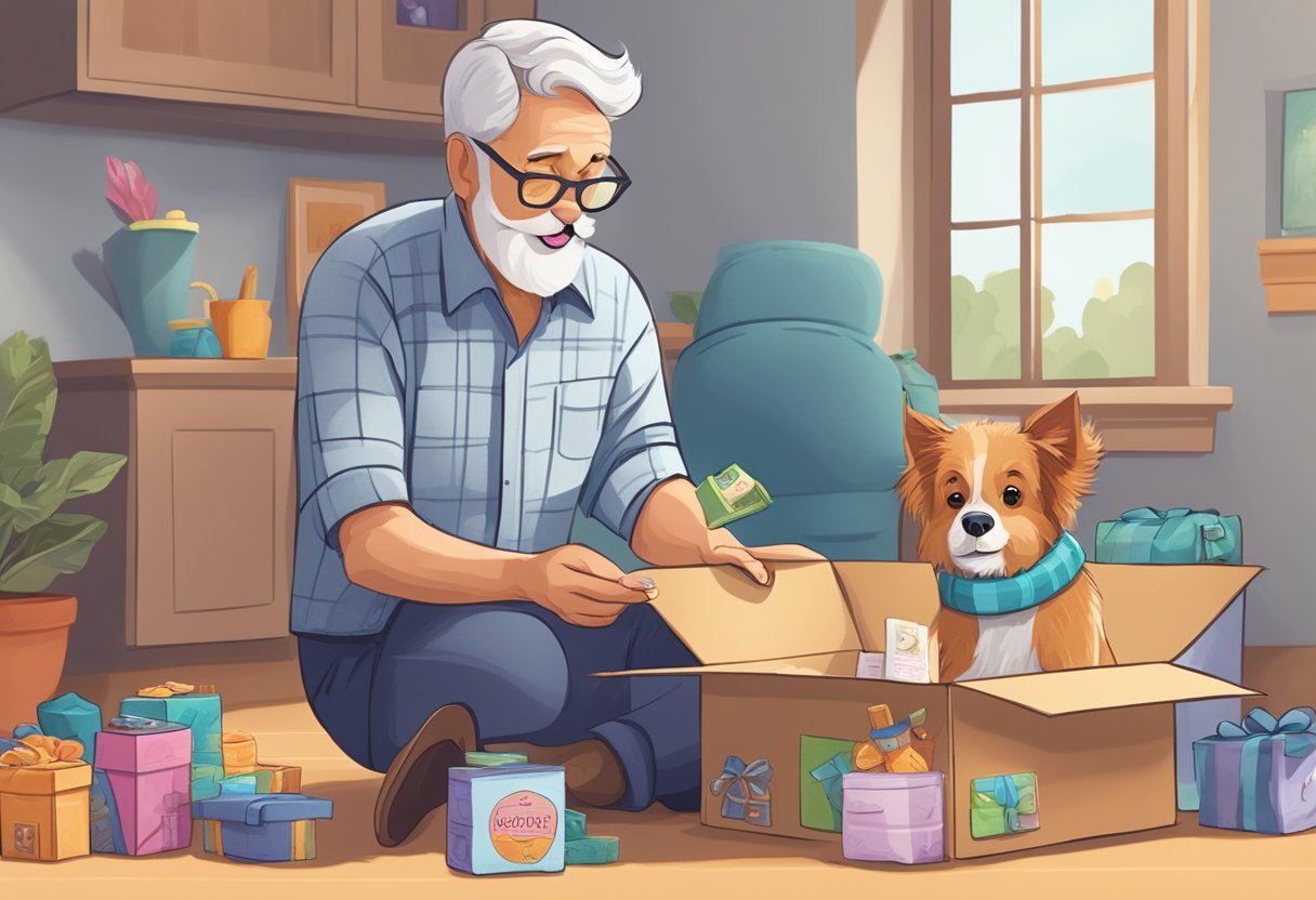 A senior dog eagerly opens a subscription box, filled with high-quality toys, treats, and grooming products. The dog's tail wags as it discovers the value for money items inside