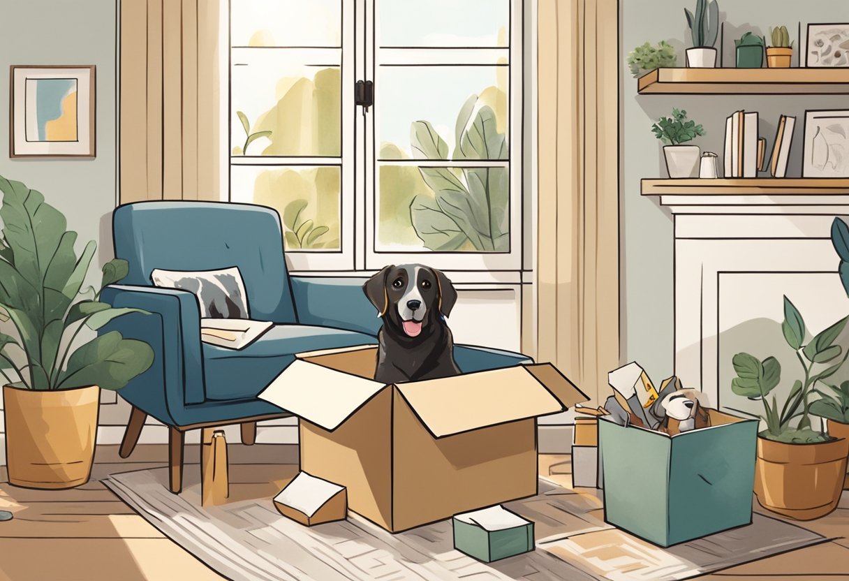 A senior dog happily unboxing eco-friendly and ethical subscription items in a cozy living room with a sunlight-filled window