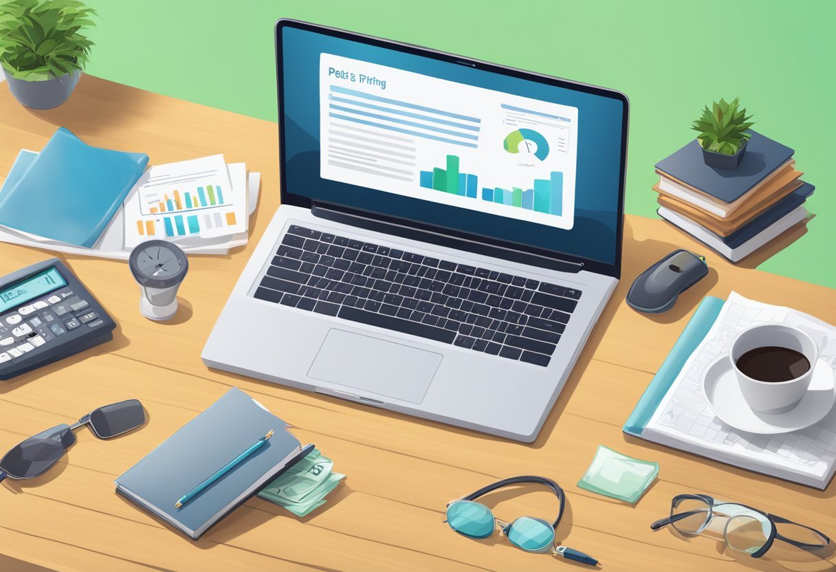 A table with a laptop displaying "Policy Pricing and Value review this product pets best insurance" surrounded by pet-related items