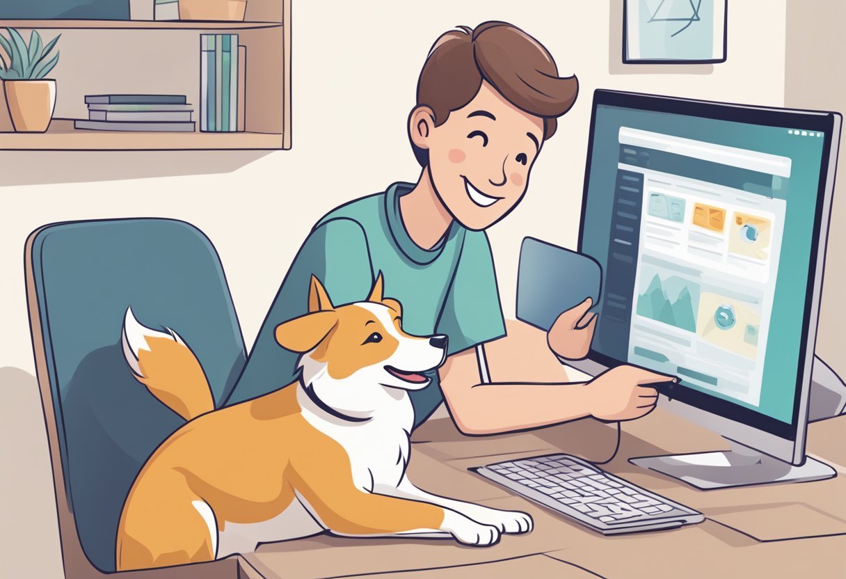 A happy pet owner reviews Pets Best Insurance with their furry friend by their side, smiling and pointing to the policy details on their computer screen. Pets Best Insurance Review and Full Comprehensive Guide