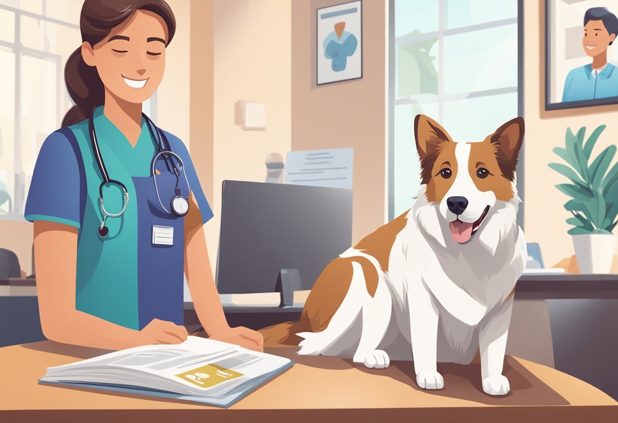 A happy dog with a wagging tail sits beside a pet insurance policy brochure, while a veterinarian examines a healthy cat in the background