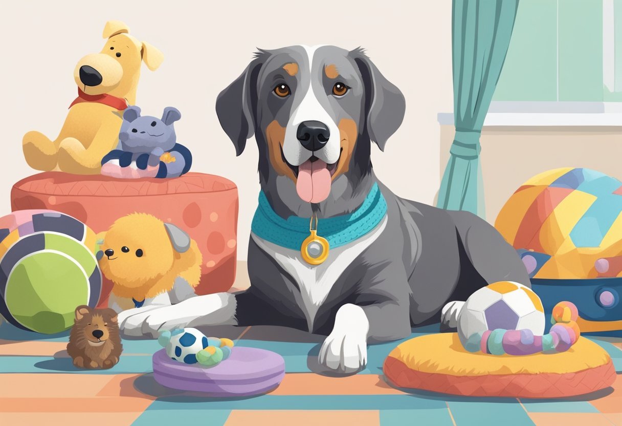 A senior dog with a greying muzzle sits comfortably on a plush bed, surrounded by their favorite toys and a bowl of water