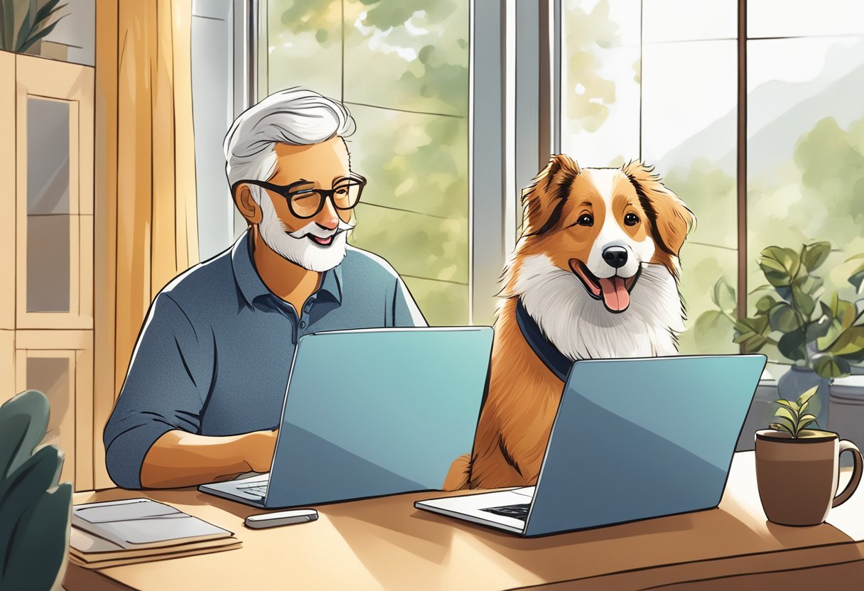 A happy senior dog with a wagging tail sits beside its owner, as they review the top 5 Australian pet insurance plans on a laptop. The sun shines through the window, casting a warm glow on the scene