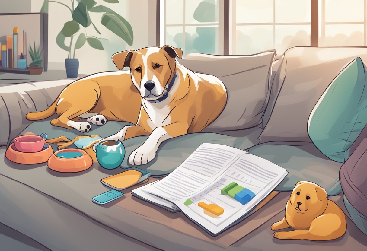 A senior dog laying on a cozy bed with a comforting blanket, surrounded by their favorite toys and a bowl of water, while their owner looks over pet insurance plans online